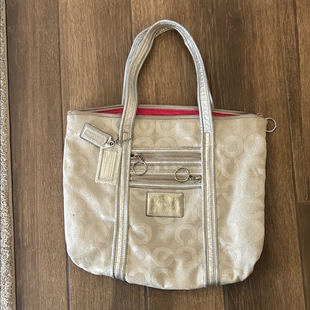Coach Silver and Cream Signature Tote